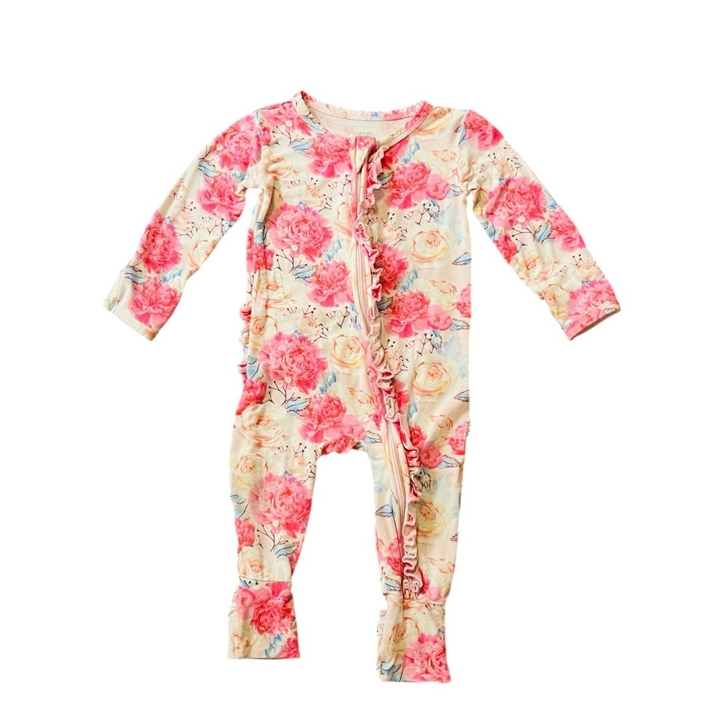 Gigi and Max Pink Floral Ruffle-Trim Baby One-Piece Bodysuit Size 12 Months